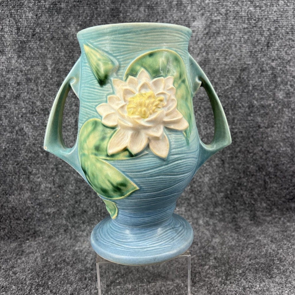 Roseville Pottery Blue Water Lily Double Handled 9" Vase 78-9 USA Green Lily Pad - Picture 3 of 15